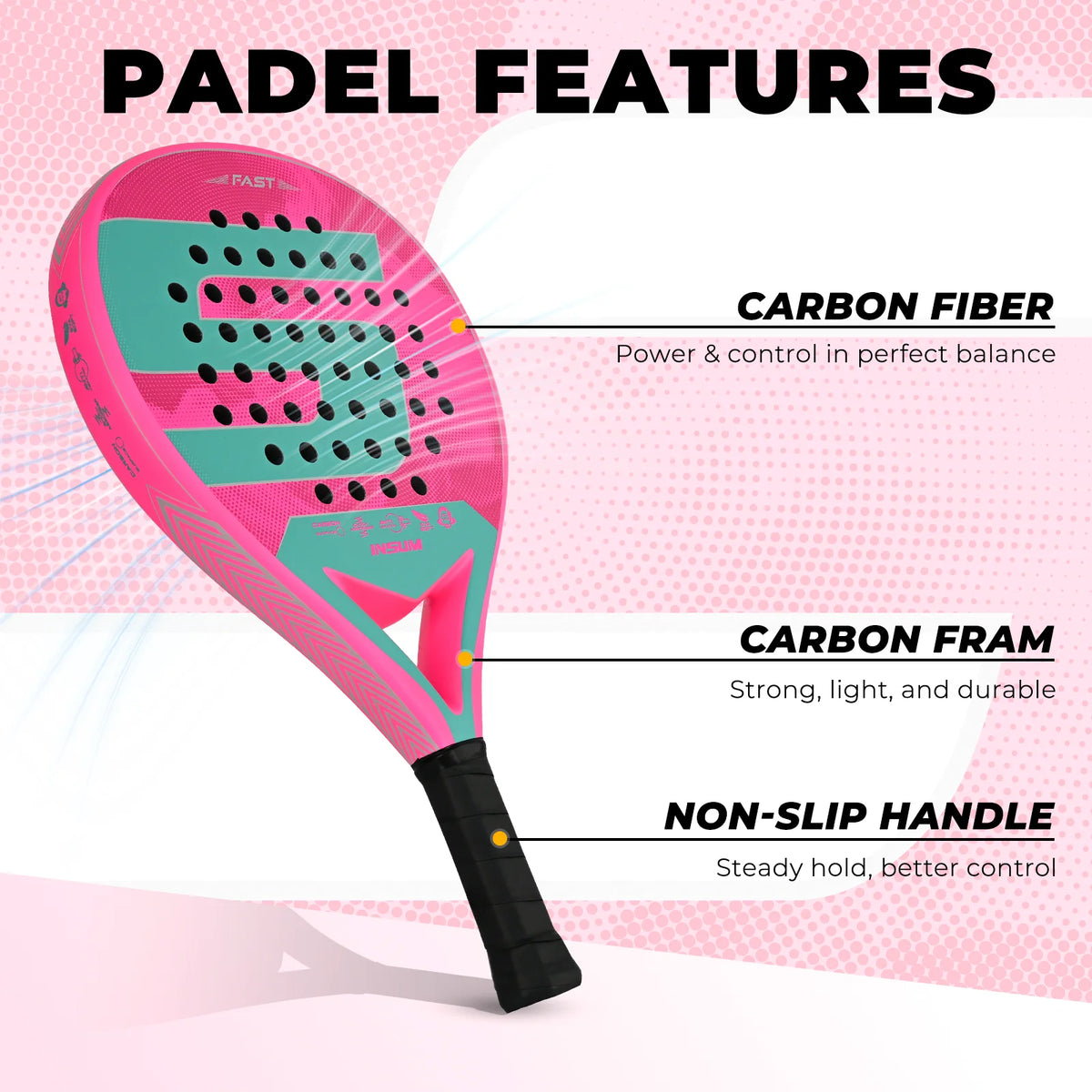 INSUM Padel Racket Carbon Fiber Surface with EVA Memory Flex Foam Core Padel Tennis Racket Lightweight Paddle Racquet
