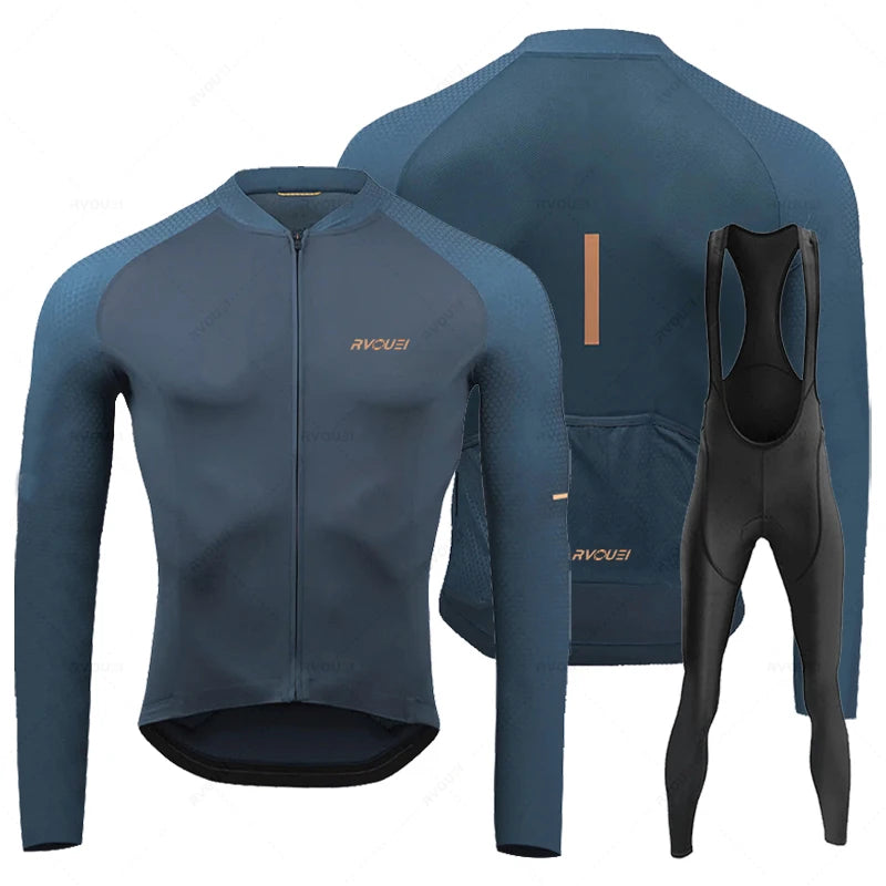 Rvouei Breathable Long Sleeve Cycling Jersey Set Bib Pants Ropa Maillot Ciclismo Bicycle Clothing MTB Bike Uniform Men Clothes