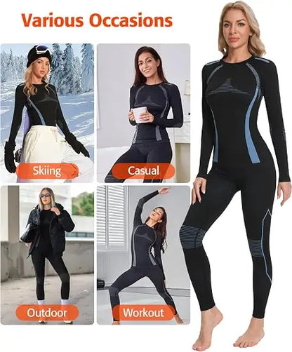 Anfilia Women Ski Thermal Underwear Sets Moisture-wicking & Quick Drying Tight Crew Neck Seamless Knitted Base Layer Long Johns