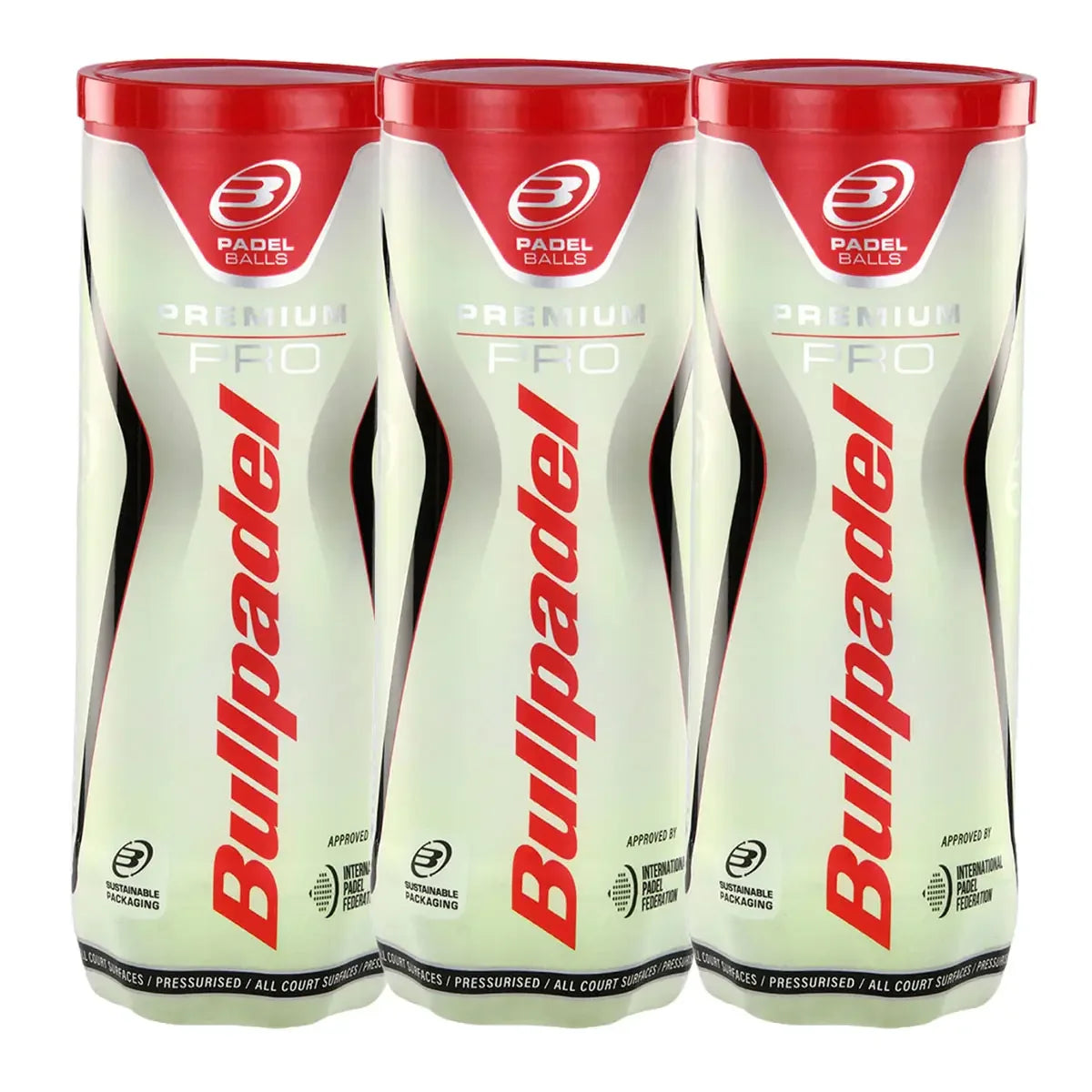 Bullpadel Premium Pro Tripack of 3 Padel Balls, ideal for professional training with a durable core and high aesthetics, perfect for advanced players.
