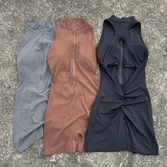 Solid color Scrunch Back Waist Tight Yoga Jumpsuit Shorts Set Women Zipper Gym Sportswear Fitness One Piece Sports Suit Workout