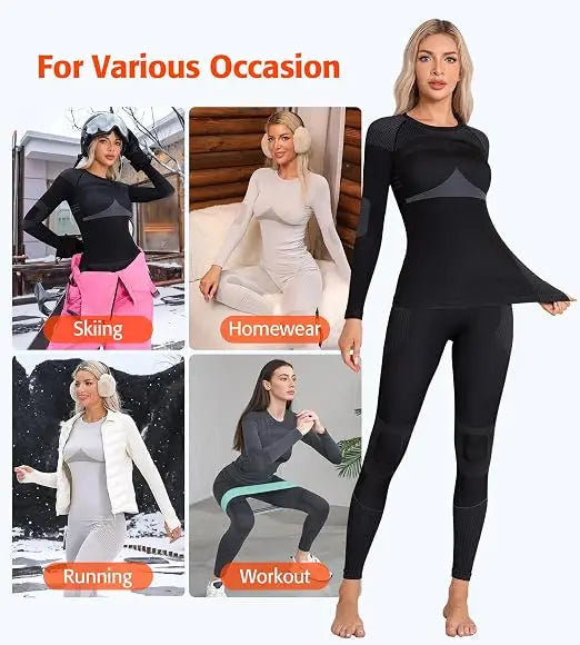 Anfilia Women Ski Thermal Underwear Sets Moisture-wicking & Quick Drying Tight Crew Neck Seamless Knitted Base Layer Long Johns