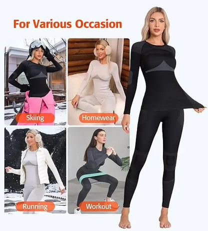 Anfilia Women Ski Thermal Underwear Sets Moisture-wicking & Quick Drying Tight Crew Neck Seamless Knitted Base Layer Long Johns