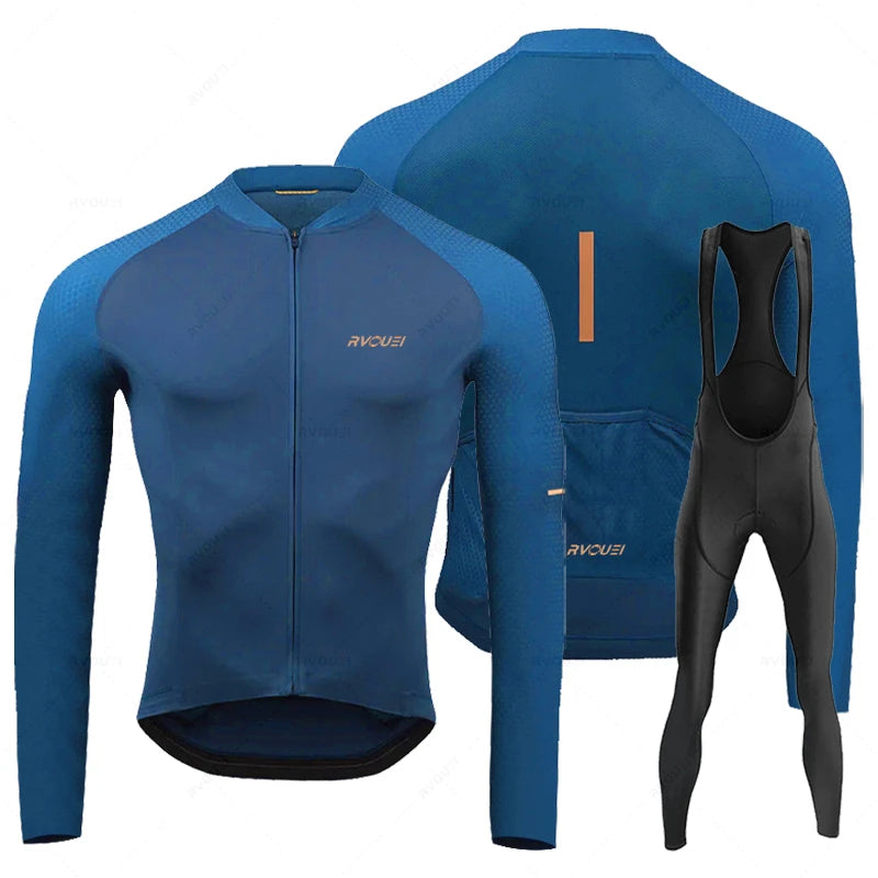 Rvouei Breathable Long Sleeve Cycling Jersey Set Bib Pants Ropa Maillot Ciclismo Bicycle Clothing MTB Bike Uniform Men Clothes